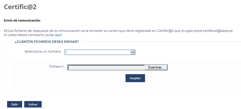 Pantalla de Envío de comunicación de Certific@2: elegir cuántos ficheros enviar, seleccionarlos con Examinar y pulsar Aceptar.