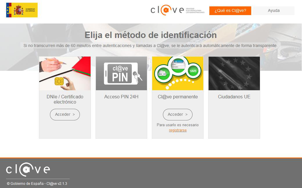 Pantalla de Cl@ve para elegir el método de identificación: DNIe/Certificado electrónico, Acceso PIN 24H, Cl@ve permanente.