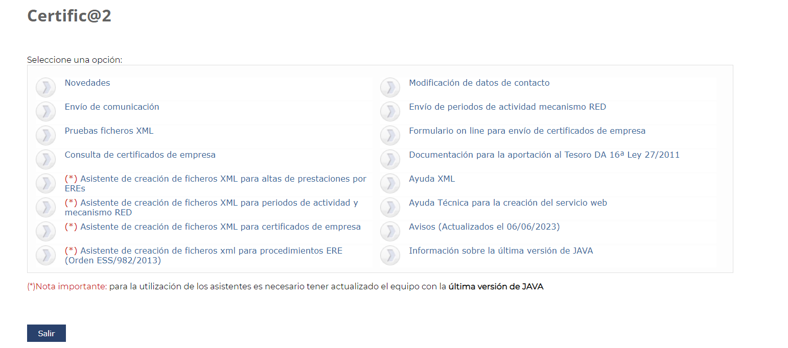 Menú inicial de Certific@2 con las opciones: Envío de comunicación, Pruebas ficheros XML, Formulario on line para envío de certificados de empresa, etc.