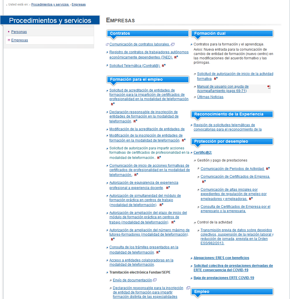 Portal de Empresas de la Sede del SEPE con el acceso a Certific@2 y a la Comunicación de Certificados de Empresa.