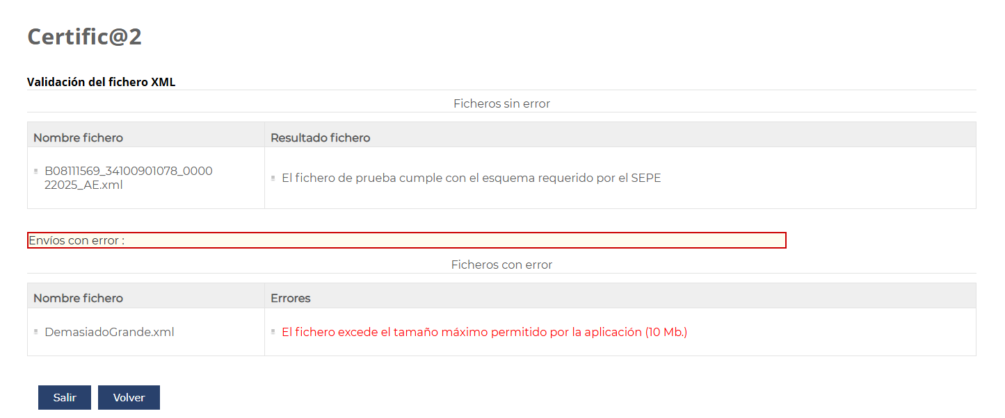 Resultado de la validación del fichero XML en Certific@2: ficheros sin error y ficheros con error.